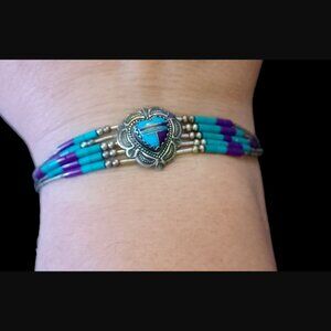 Navajo 925 Sterling Silver Liquid Silver 5 Strand Turquoise Heart Bracelet 7.25"